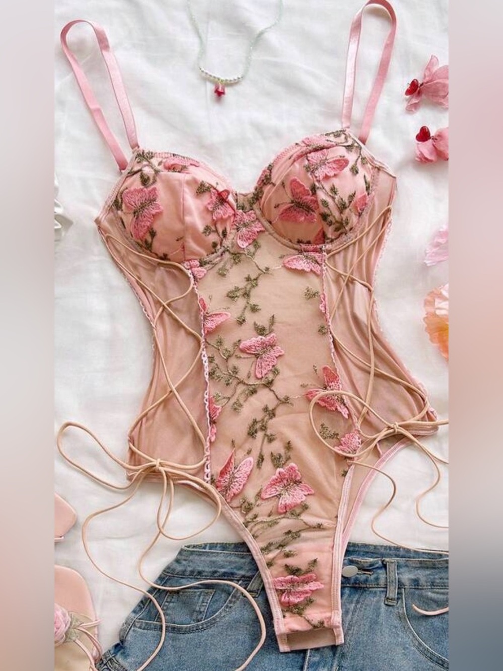 Pink Butterfly Embroidered Sheer Bodysuit